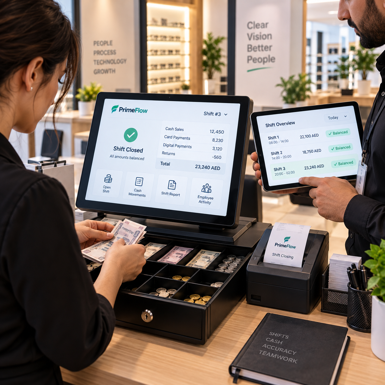 PrimeFlow cash control: shift closing, cash reconciliation and management oversight