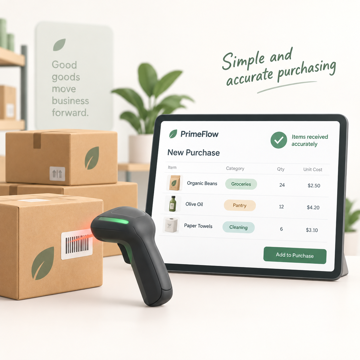 PrimeFlow purchasing: receive goods accurately using barcodes and product categories