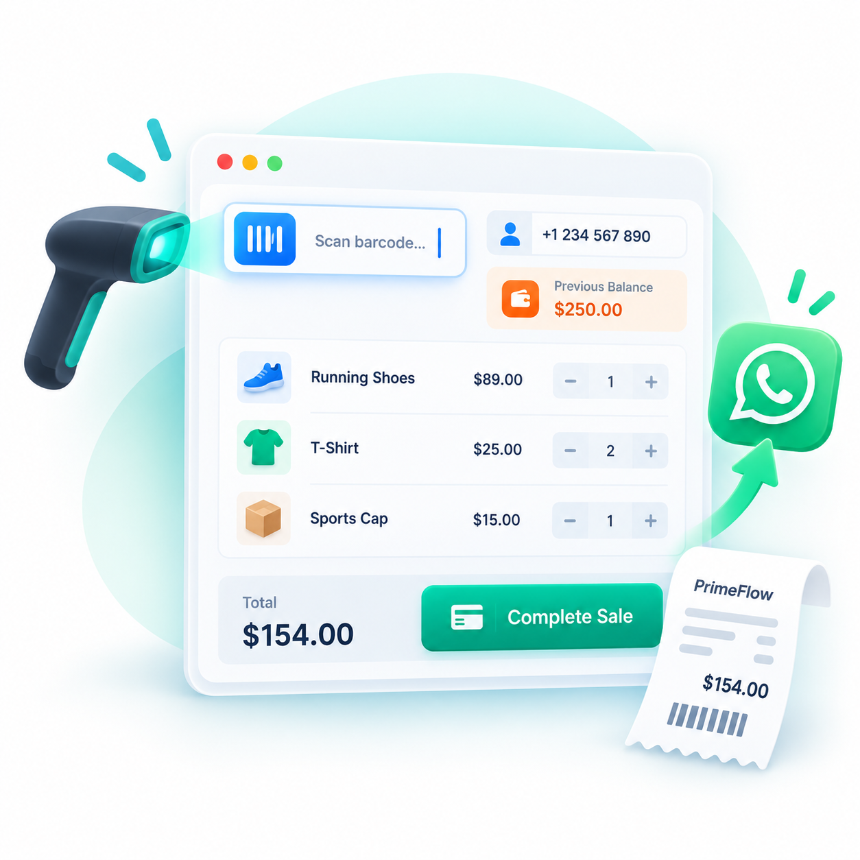 PrimeFlow sales: barcode entry, customer balances, payments and WhatsApp invoices