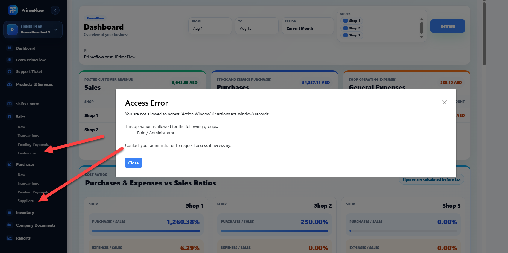 Authentic PrimeFlow dashboard with sales, purchasing, expenses and shop filters