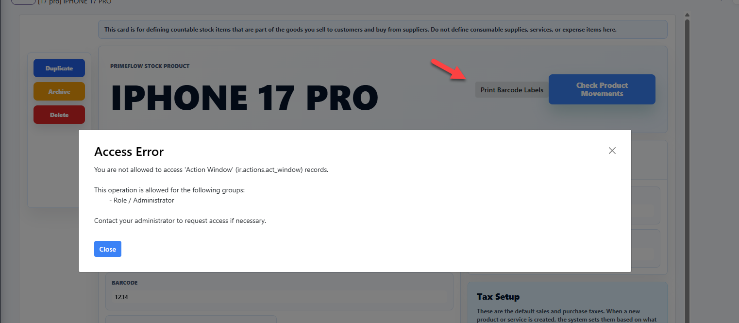 Authentic PrimeFlow stock product workspace