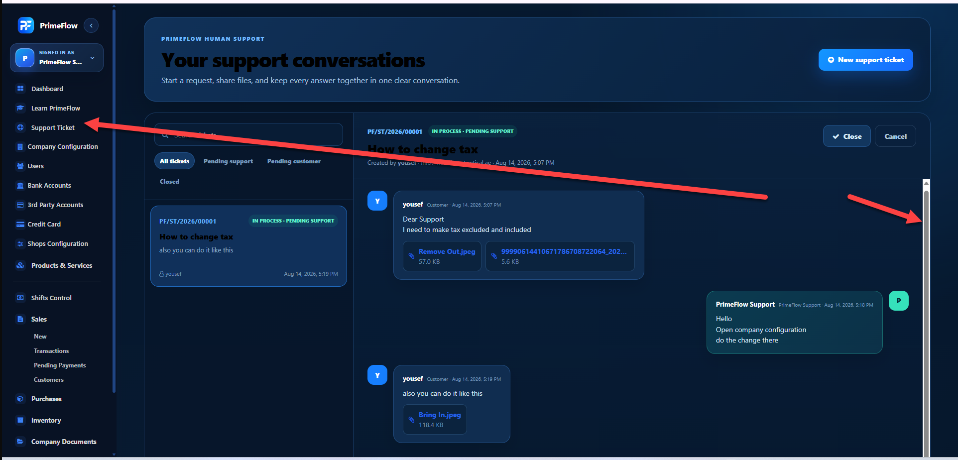 Authentic PrimeFlow support workspace header